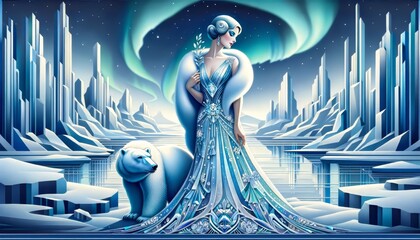 An art deco visual of a woman dressed in a shimmering, icy-blue gown, with a polar bear at her side, set in an arctic landscape with aurora borealis.
