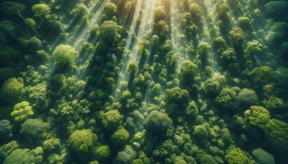 A detailed aerial view of a lush green rainforest canopy with the sunlight casting dappled light, creating a pattern similar to the veins in marble.