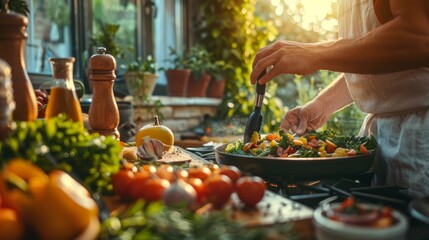 chef preparing a nutritious meal with fresh ingredients in a sunlit kitchen, promoting wholesome...