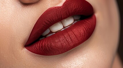 Fototapeta premium Close-up view: beautiful woman's lips with red matte lipstick, glamour and elegance in focus - high-quality image for beauty, makeup, and fashion concepts - vibrant lip color deta