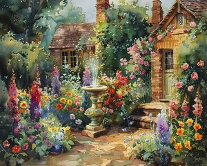 Obraz premium A watercolor painting of a traditional Japanese garden, with colorful koi fish and serene background elements