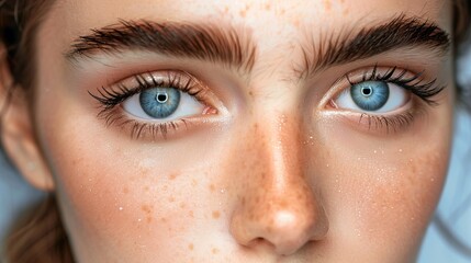 Fototapeta premium Mesmerizing close-up portrait: beautiful girl with stunning blue eyes, gorgeous eyelashes, and defined eyebrows - high-quality stock image