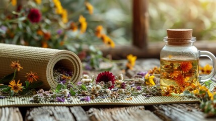 A yoga mat and herbal tea, promoting holistic wellness and mindful living