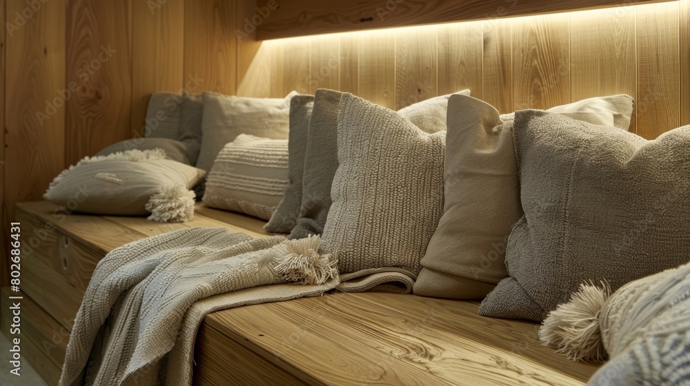 Poster the saunas wooden bench is lined with soft pillows and blankets creating a cozy and nurturing space 