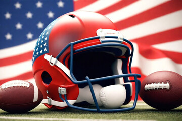 Photo American football. American football equipment, helmet, and ball close-up of the American flag