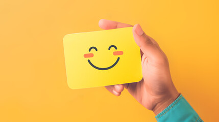 Obraz premium Person holding a yellow smiling face card with one hand, bright orange background, Concept of positive attitude, customer experience, and friendly service.