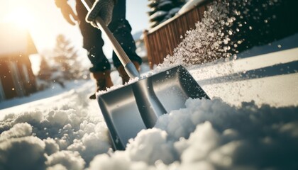 A close-up of a snow shovel being pushed into a pile of snow. - Powered by Adobe