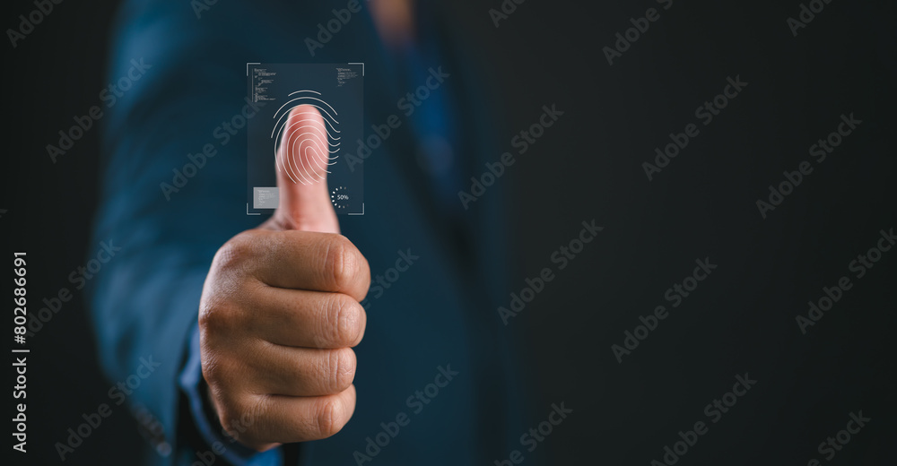 Aufkleber business man fingerprint scanning and biometric authentication, cybersecurity and fingerprint passwo