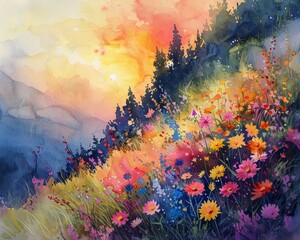 A watercolor painting of a sunrise over a flowercovered hill, with vibrant colors blending into a soft, natural background