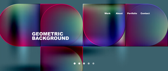 A vibrant geometric background featuring circles and squares in shades of purple on a fluid blue background. The colorfulness of magenta and violet create a visually striking design