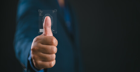 business man Fingerprint scanning and biometric authentication, cybersecurity and fingerprint password, future technology and cybernetics.