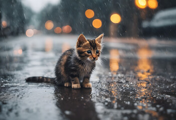 A small kitten sits on a wet street during a rainy night, illuminated by street lights....