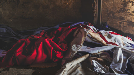 torn american flag on dirty floor with dramatic lighting