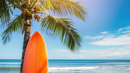 Bright surfboard leaning against a palm tree on a sandy beach, overlooking the sea
