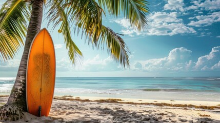 Bright surfboard leaning against a palm tree on a sandy beach overlooking the sea