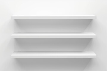 Three minimalist white shelves mounted on a white wall, creating a clean and modern design