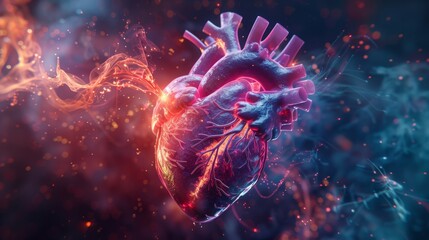 A visually striking 3D rendering image showcasing innovative visualization techniques for studying heart function and dynamics, including computer simulations and virtual reality models