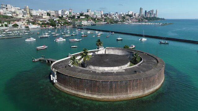 Aerial view of Forte de S&atilde;o Marcelo, built in 1608, Ba&iacute;a de Todos os Santos - Salvador, Bahia, Brazil