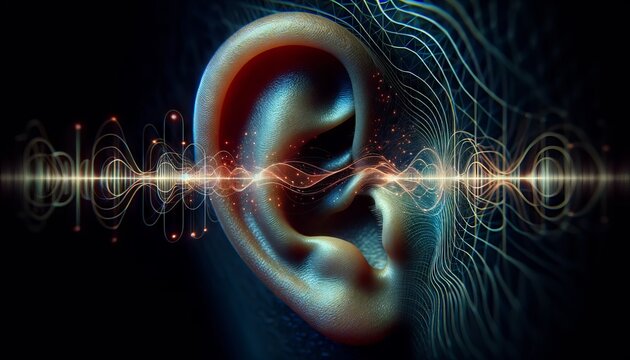A macro shot of an ear with sound waves emanating from it, blending the organic with the digital world.