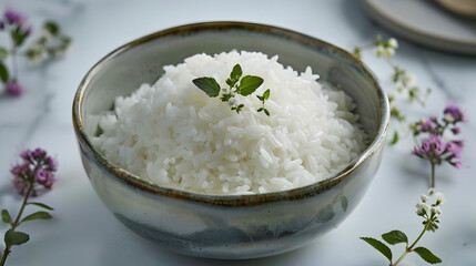 Obraz na płótnie Canvas bowl of white rice and basil Elevate the presentation of white rice with a f4854abe-7356