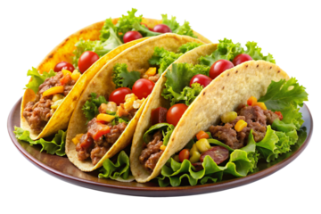 Isolated Plate of Tacos: A plate of delicious tacos isolated on a transparent background, filled with meat, lettuce, cheese, and salsa, ideal for Mexican cuisine menus and taco night illustrations.
