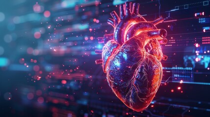 3D rendering image depicting advanced monitoring technologies for continuous assessment of heart function and cardiovascular parameters, including implantable devices and mobile health applications