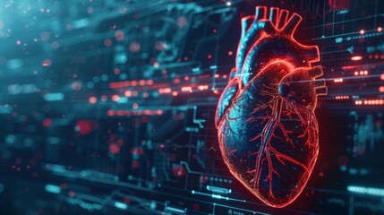 3D rendering image depicting advanced monitoring technologies for continuous assessment of heart function and cardiovascular parameters, including implantable devices and mobile health applications - Powered by Adobe