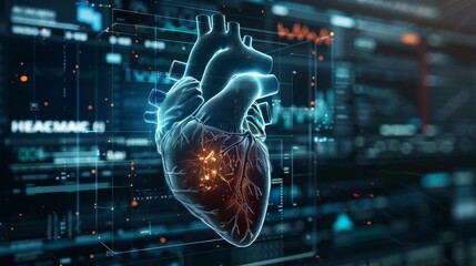 3D rendering image depicting advanced monitoring technologies for continuous assessment of heart function and cardiovascular parameters, including implantable devices and mobile health applications
