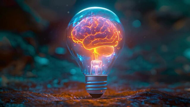 A glowing light bulb with an orange brain inside, set against the dark background of rock and smoke, symbolizing creativity in AI technology.