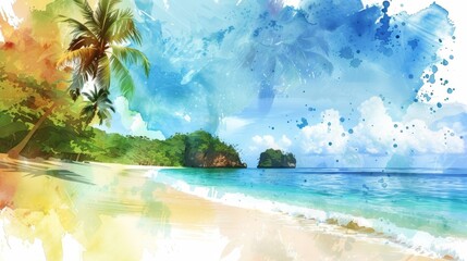 A tranquil beach scene with the addition of colorful watercolor splatters adding an artistic touch to the natural beauty of the landscape..
