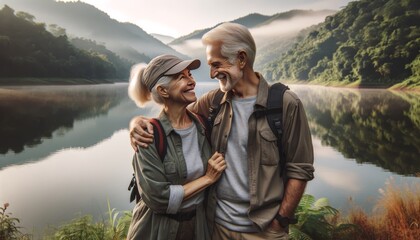 A senior couple dressed in casual outdoor hiking gear are standing by a calm lake, sharing a joyful moment. - Powered by Adobe