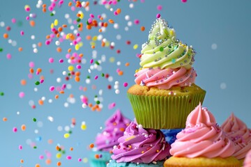 Sugar sprinkles falling on stack of colorful cupcakes - generative ai