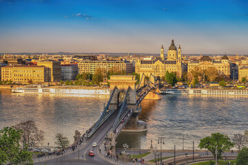 Budapest Hungary, city skyline at Danube River with Chain Bridge and St. Stephen's Basilica
