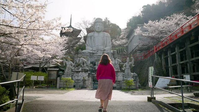 Female Tourist In Tsubosaka-dera Buddhist Temple During Springtime In Takatori, Japan. Slow Motion Shot