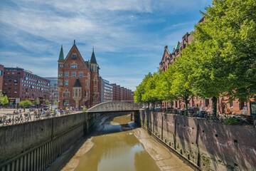 Hamburg Germany, city skyline at Speicherstadt and canal