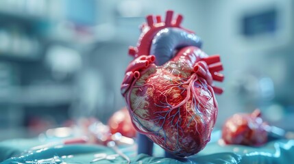 3D rendering image showcasing different types of heart surgeries and procedures, including bypass surgery, valve replacement, and angioplasty - obrazy, fototapety, plakaty