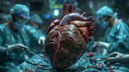 3D rendering image illustrating the process of heart transplantation, including donor selection, surgical procedure, and postoperative care