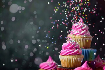 Sugar sprinkles falling on stack of colorful cupcakes - generative ai