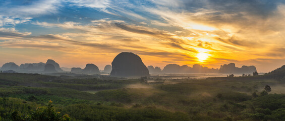 Mountain sunrise view at Din Deang Doi viewpoint with tropical forest, Krabi Thailand nature landscape panorama