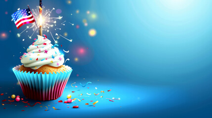 Patriotic cupcake with American flag and sparkler on blue background