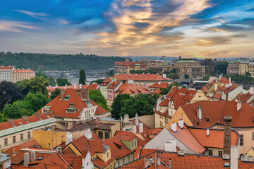 Prague Czech Republic, high angle view city skyline at Manes Bridge and Vltava River, Czechia