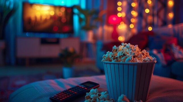 Home Cinema A bucket of popcorn and TV remote, inviting viewers to enjoy a cozy movie night at home