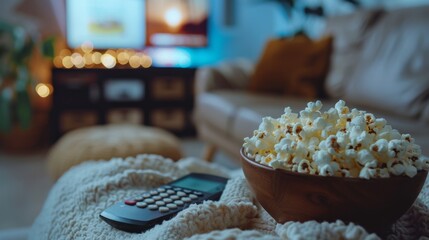 Home Entertainment A remote control and popcorn bowl, signaling relaxation and leisure time at home