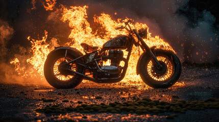 Vintage motorcycle engulfed in flames, against asphalt with sunset glow and mossy stones