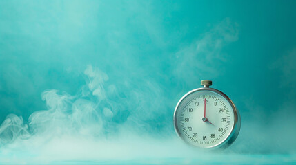 Ethereal Timekeeping: A Vintage Stopwatch Amidst a Mystical Blue Haze
