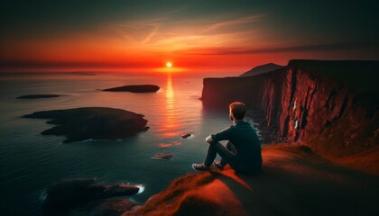 An individual sitting on a cliff overlooking the ocean, gazing at the horizon as the sun sets.