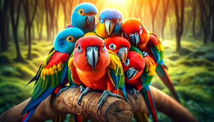 Naklejka premium A group of vibrant parrots perched closely together on a branch, with one parrot looking directly at the camera.