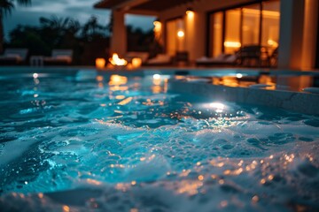 A large luxurious pool with lights and foam in the evening. Preparing for a foam pool party.