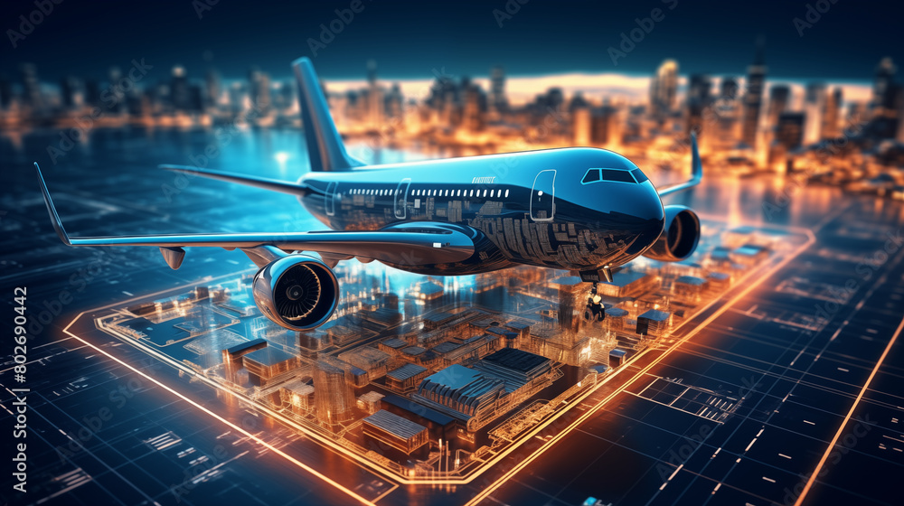 Wall mural aviation technology with graphic of microchip and an airplane futuristic element.