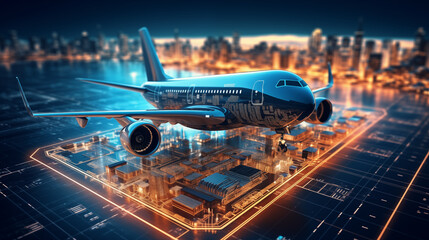 Aviation technology with graphic of microchip and an airplane futuristic element.